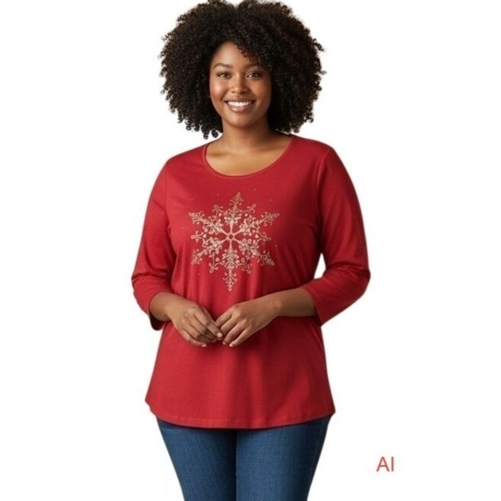 Catherines Red Snowflake Embellished Long Sleeve Top 2X 22/24W Holiday Winter